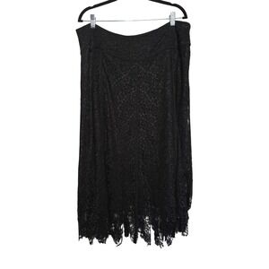 Black Lace Midi Skirt Elegant Floral Crochet Sheer Trim Waistband